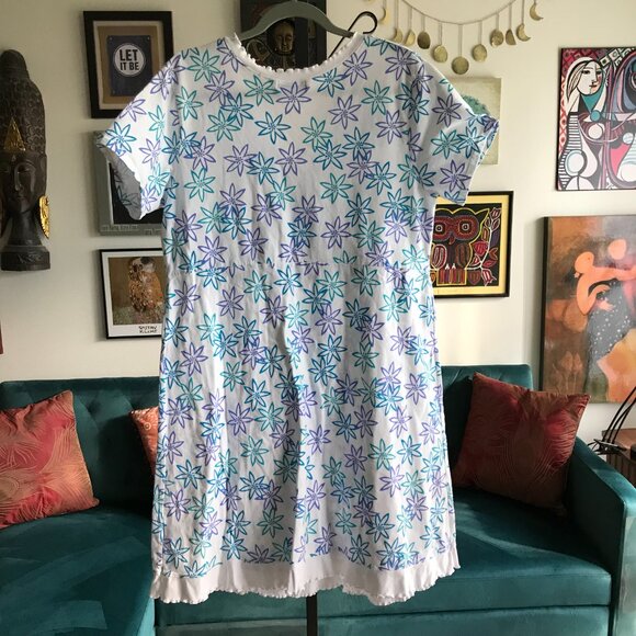 FRESH PRODUCE size XL White Teal Blue & Purple Floral Cotton Surplice Dress - Picture 3 of 4